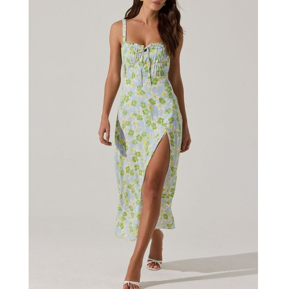 ASTR The Label Dress SZ Small NEW Elsie Floral Midi Ruched Bust Blue Green NWOT
